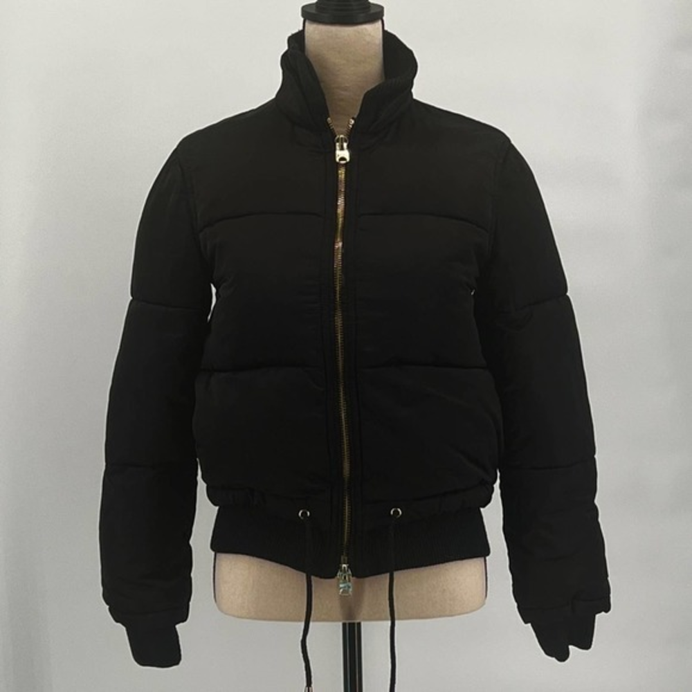 Topshop Womens Puffer Jacket Black Full Zip Waist Drawstring Pockets‎ Collar 2